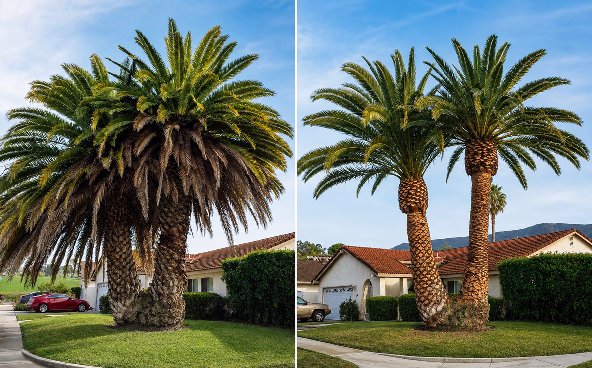 Before and after photo of a trimmed canary palm.